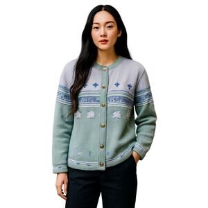 Tally Ho Lavender Green Floral Embroidered Vintage Wool Cardigan Sweater M